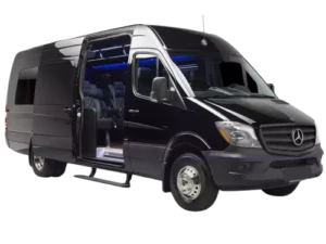 Black Mercedes Sprinter with its sliding passenger door open