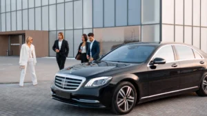 A professional chauffeur walking towards the luxury black mercedes sedan with passengers