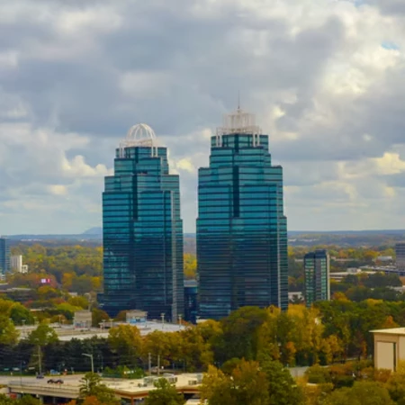 Aerial view of king and queen towers in Sandy Spring