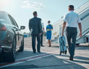 chauffeur assisting businessman with luggage at airport