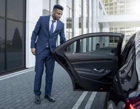A professional chauffeur holding the door of a luxury black sedan