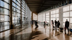 Travelers walking through an airport corridor with rolling luggage