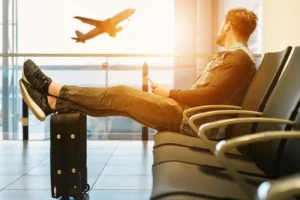 Traveler holding a phone while waiting beside luggage in an airport lounge
